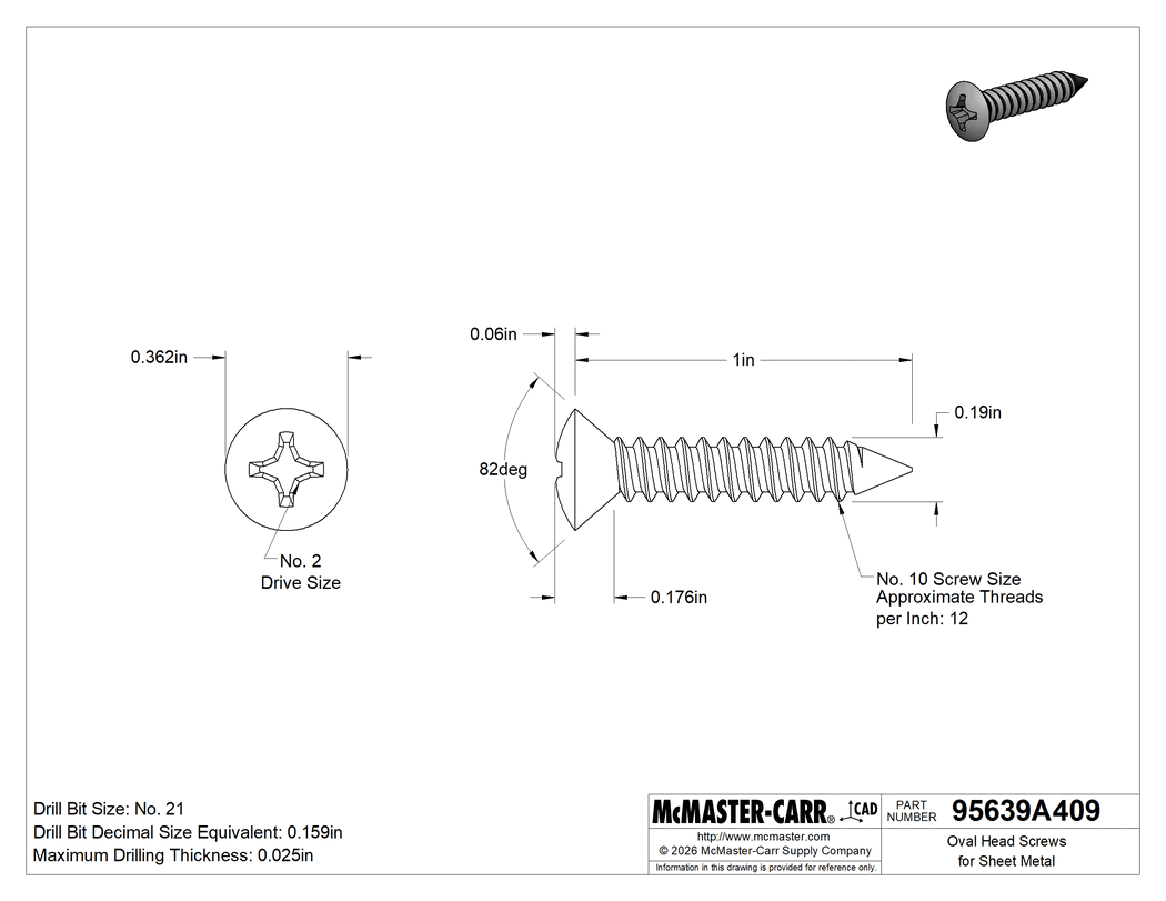 Technical Drawing of 316 Stainless Steel Phillips Oval Head Screws for Sheet Metal, Highly Corrosion-Resistant, Number 10 Screw Size, 1" Long.